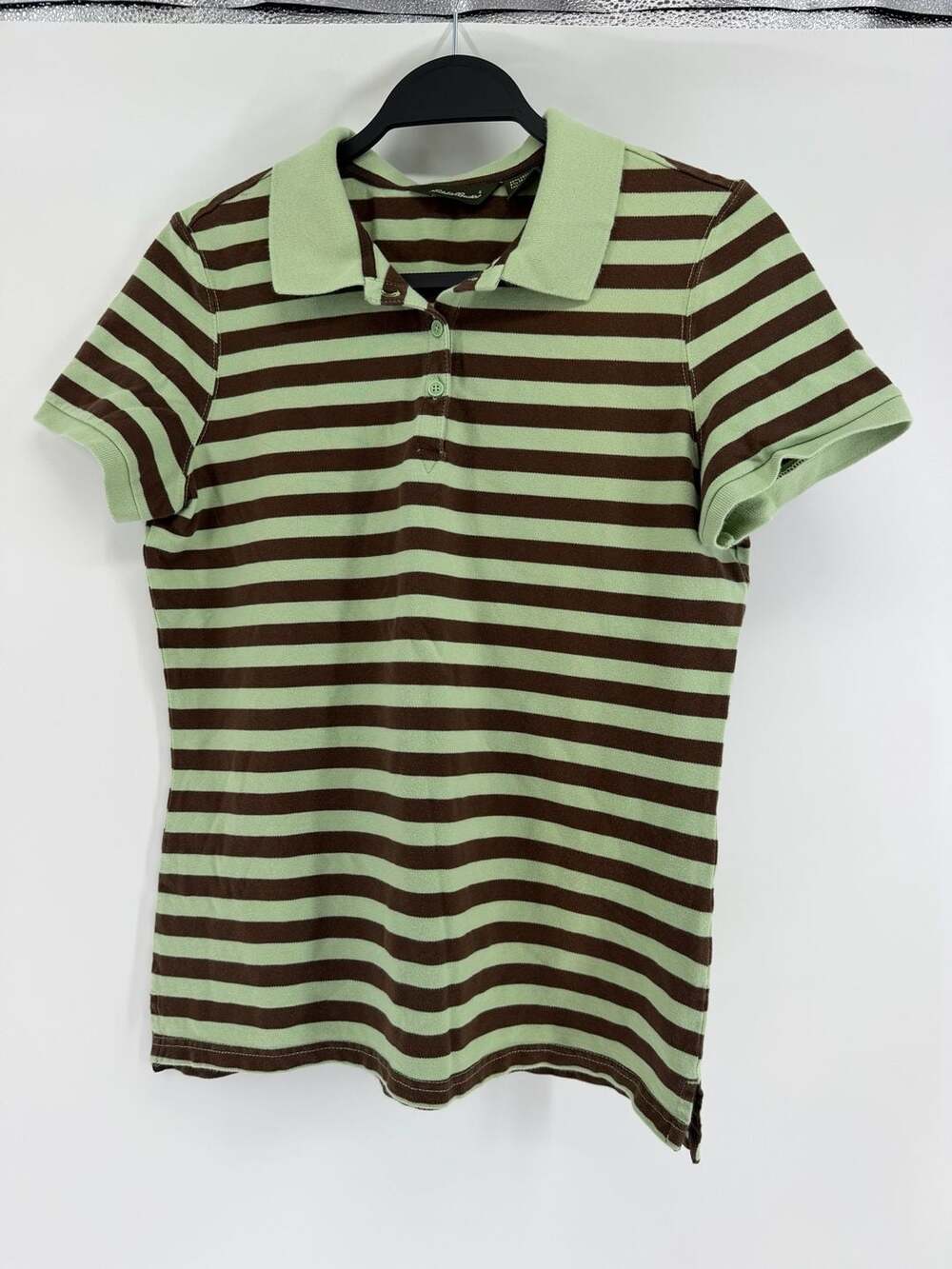 Eddie Bauer Y2K Striped Polo Shirt Medium Green Brown Playground Prep Fall